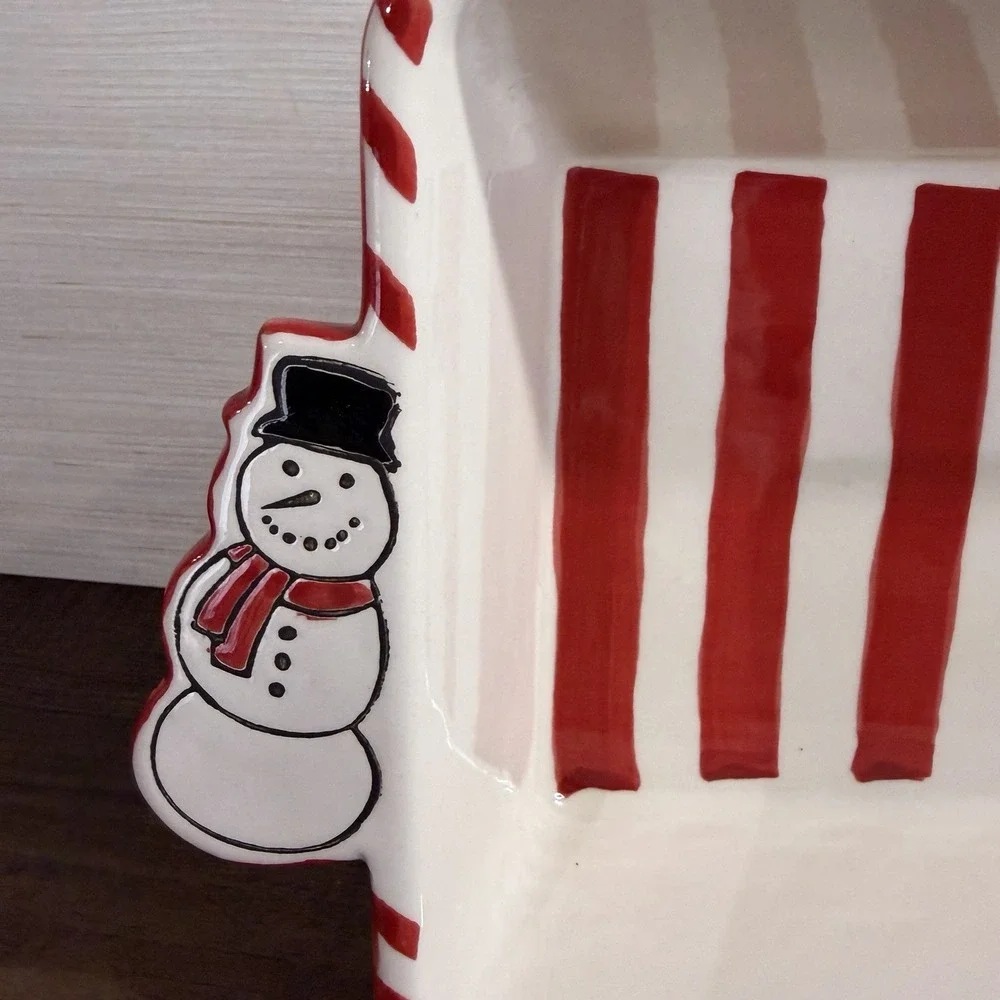 Nantucket Home Christmas Snowman Ceramic Loaf Baking Dish Pan Stripes Polka Dot